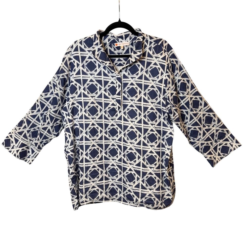Jude Connally Tunic Top Bamboo Rattan Blue White Print Preppy Coastal Chic XL